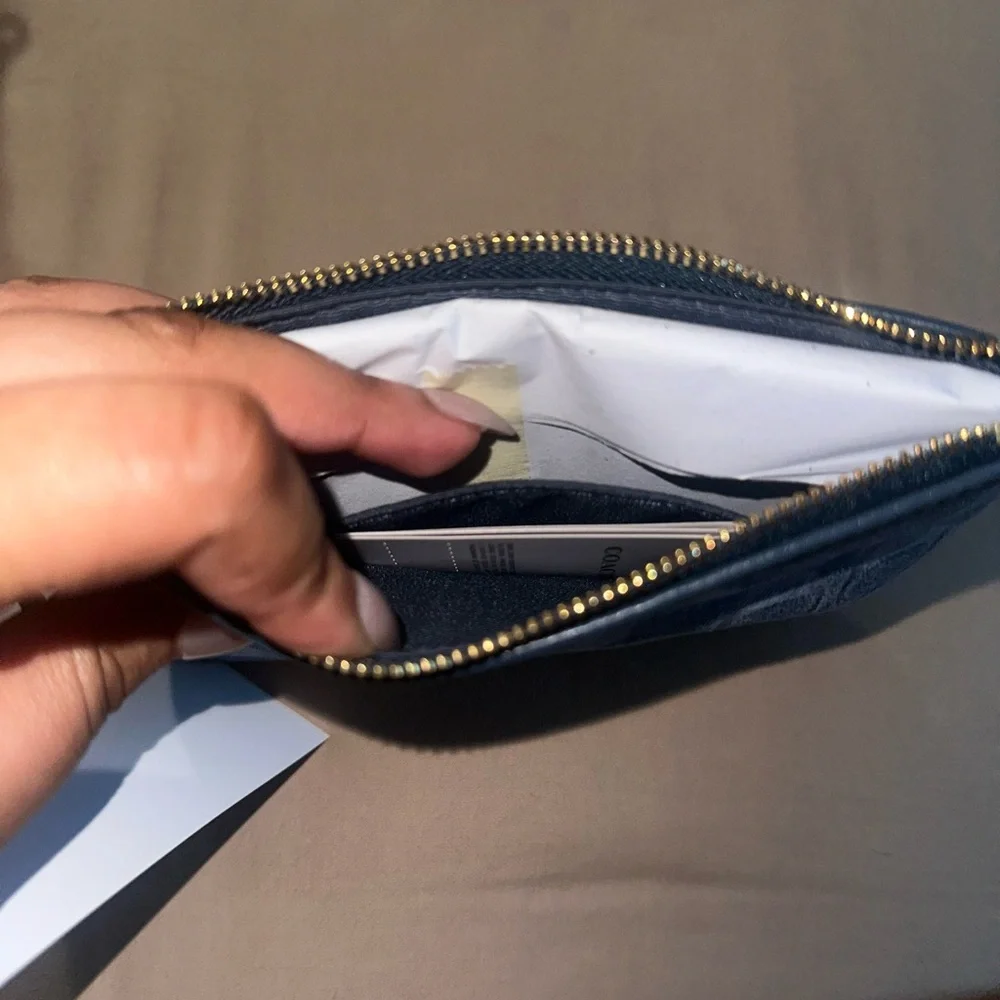 Coach Corner Zip Denim Wristlet with Embroidery